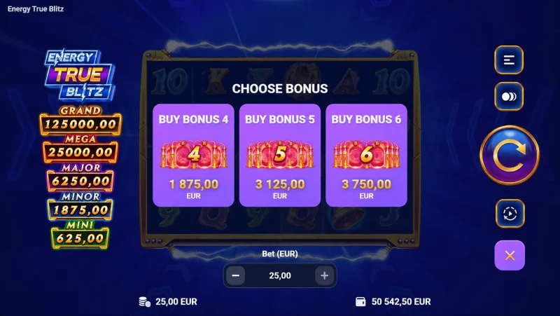Energy True Blitz – bónuszvásárlás menü